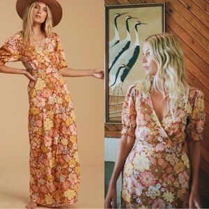 Billabong x the salty blonde Floral Midi Dress in Orange and Brown